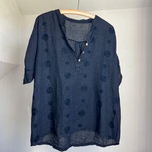 Women's Black Polka Dot 100% Linen Roll‎ Tab Sleeve Casual Shirt Boxy Lagenlook